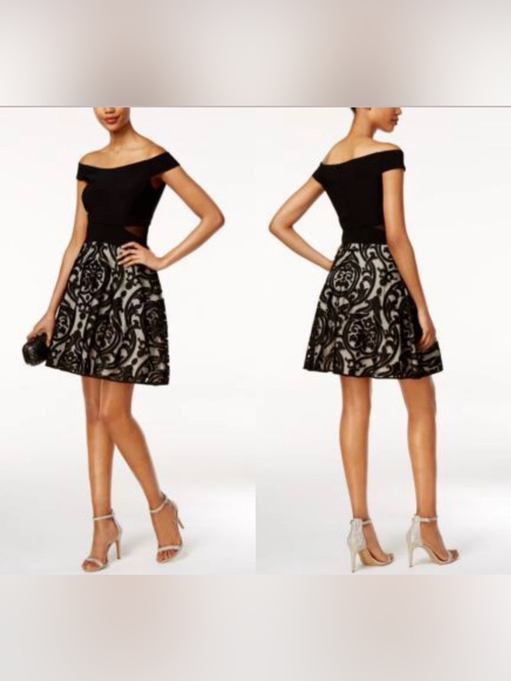 Xscape Fit & Flare Dress Womens 6 Navy Baroque Wedding Guest Cocktail Party